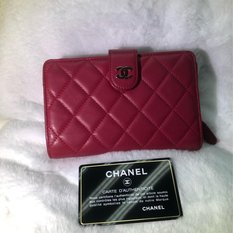 CHANEL 紅色菱格紋羊皮中夾XB010-1