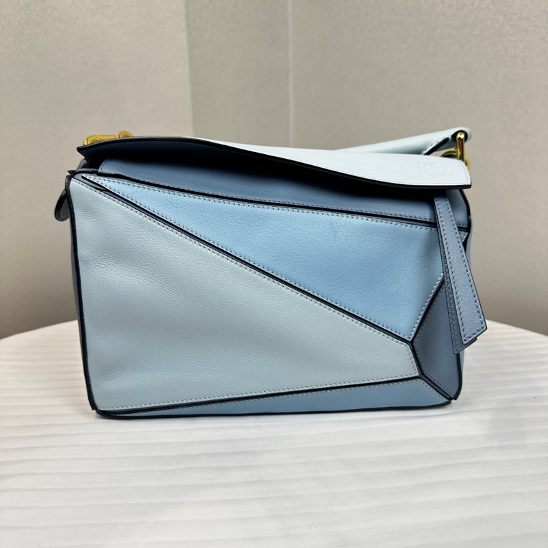 99新 羅意威/Loewe Puzzle Bag 小號藍色拼色幾何包手提斜背包 小牛皮24x16.5x10.5cm-0