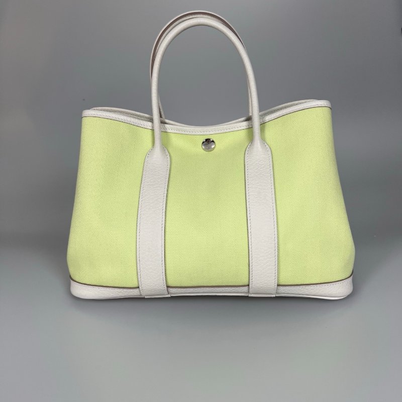 HERMES Y刻 白/綠拚色帆布GP30手提包-1