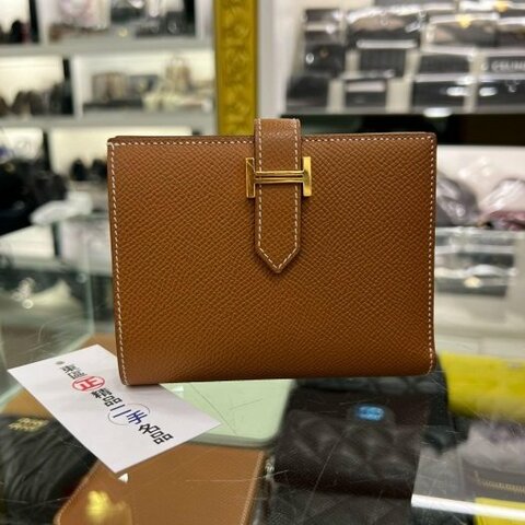 東區正精品㊣HERMES Bearn H Epsom 金棕色金釦拉鍊零錢短夾 U刻 RZ6124