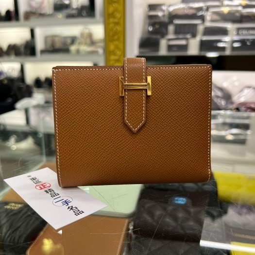 東區正精品㊣HERMES Bearn H Epsom 金棕色金釦拉鍊零錢短夾 U刻 RZ6124-0
