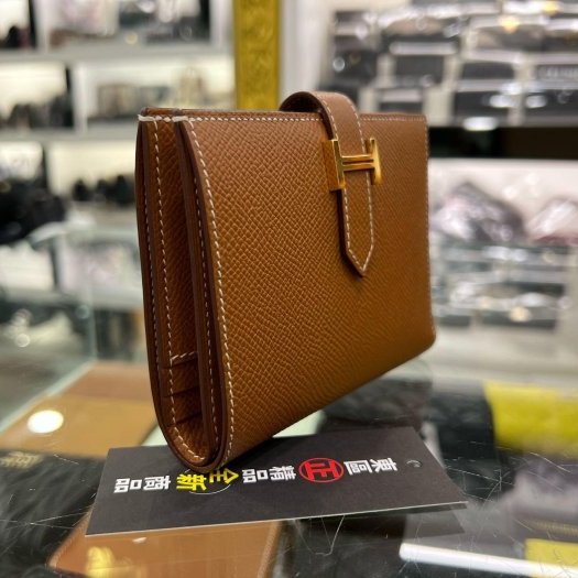 東區正精品㊣HERMES Bearn H Epsom 金棕色金釦拉鍊零錢短夾 U刻 RZ6124-1