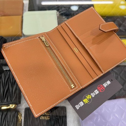 東區正精品㊣HERMES Bearn H Epsom 金棕色金釦拉鍊零錢短夾 U刻 RZ6124-3