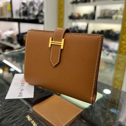 東區正精品㊣HERMES Bearn H Epsom 金棕色金釦拉鍊零錢短夾 U刻 RZ6124-7