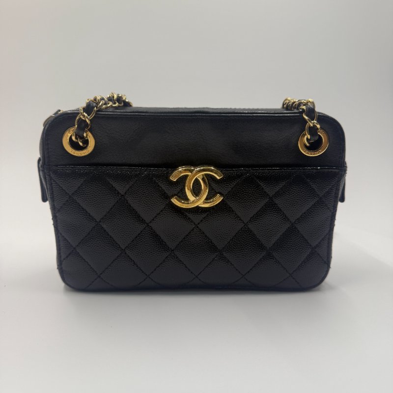 Chanel Leather handbag 28開 黑金相機包-0
