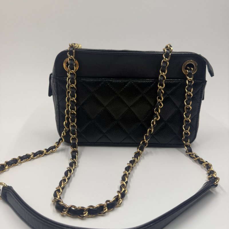 Chanel Leather handbag 28開 黑金相機包-9
