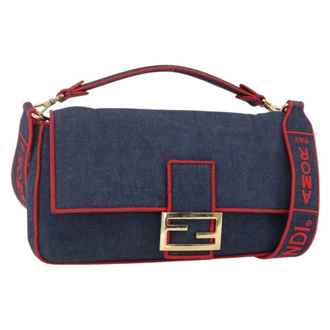 FENDI Mamma Baguette 單肩包 牛仔布 2way 海軍藍 金色 Auth 154083M