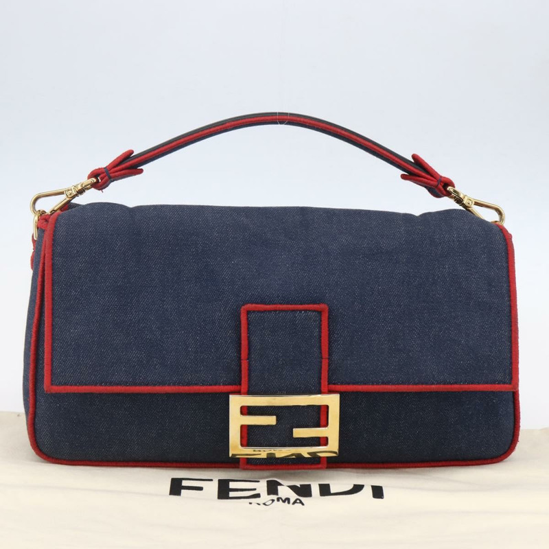 【日本直送】FENDI Mamma Baguette 單肩包 牛仔布 2way 海軍藍 金色 Auth 154083M-11