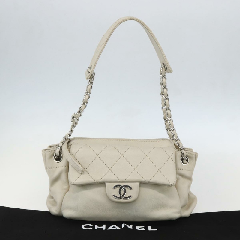 【日本直送】香奈兒 (CHANEL) 絎縫鏈條單肩背包,象牙皮革,銀色雙C標誌,貨號 157281SAV-11