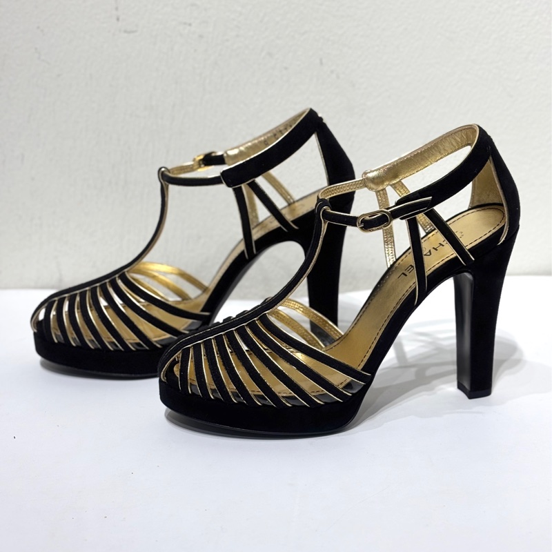 香奈兒Chanel 黑金鏤空 高跟鞋 36.5碼99 新閒置未使用-2