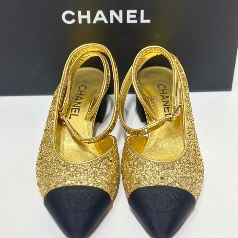 香奈兒Chanel 金色亮片 矮跟瑪麗珍鞋 36碼 99 新未使用-0