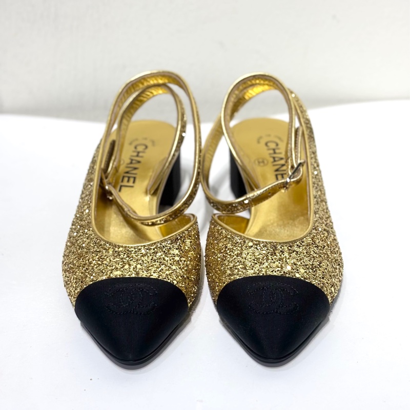 香奈兒Chanel 金色亮片 矮跟瑪麗珍鞋 36碼 99 新未使用-1