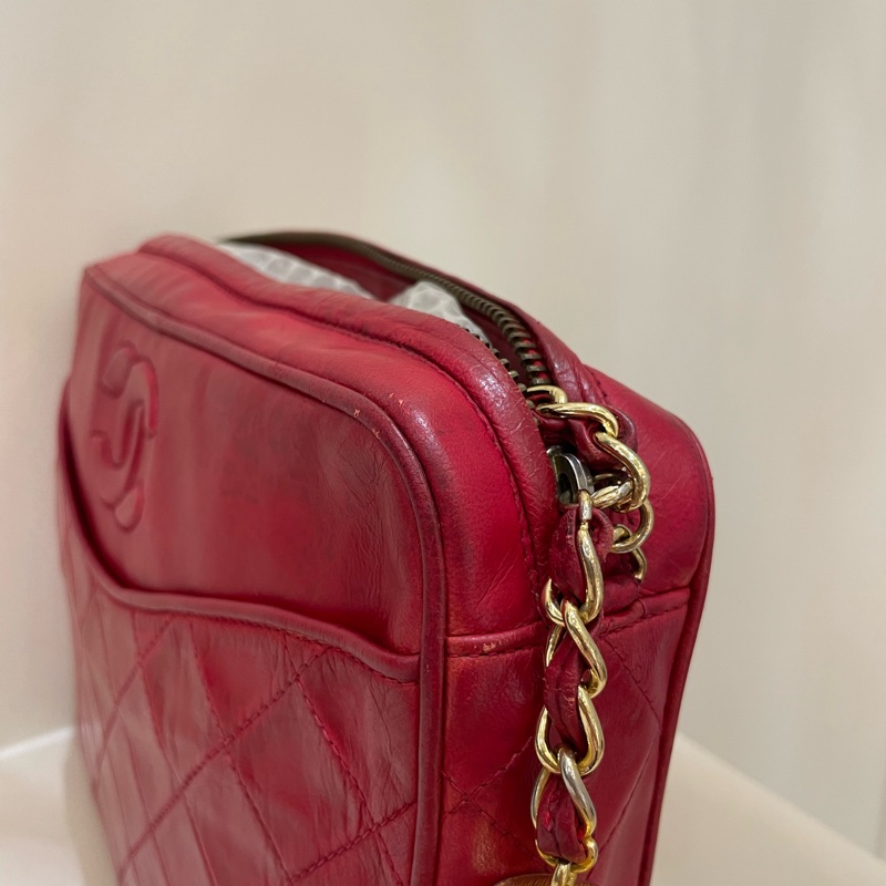 Chanel Vintage 紅色小羊皮皮穿鏈斜背包-5
