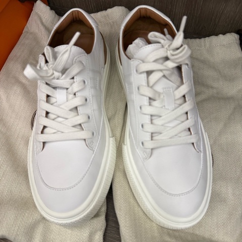 99新 Hermes小白鞋愛馬仕Deep白色棕尾板鞋愛馬仕休閒鞋 Size: 38碼