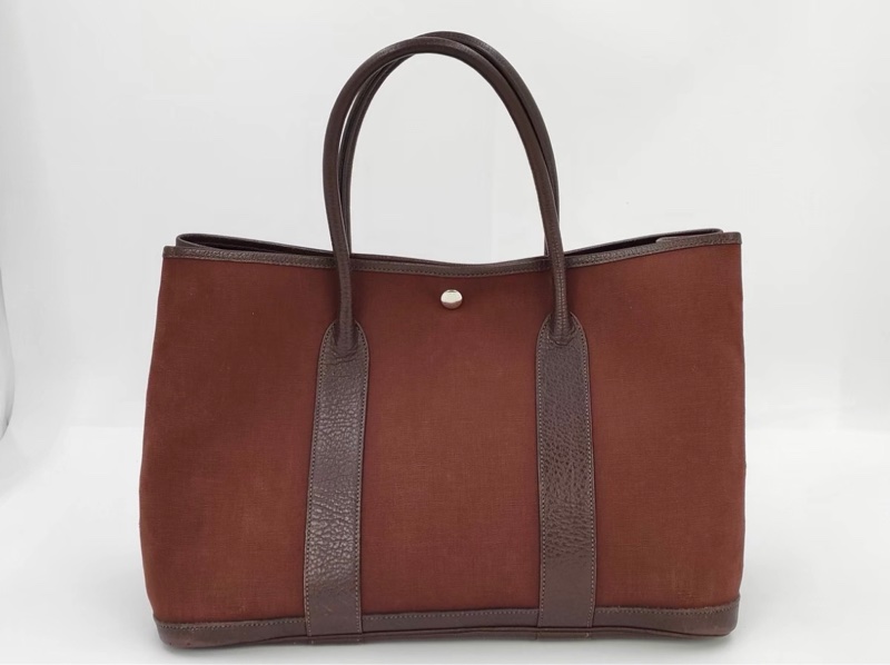 Hermes 酒紅帆布拼皮花園包36-0