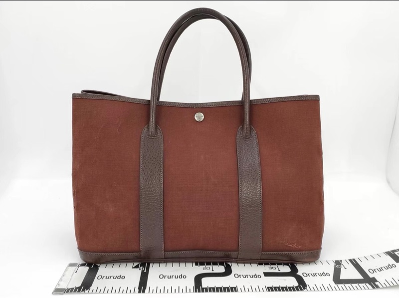 Hermes 酒紅帆布拼皮花園包36-1