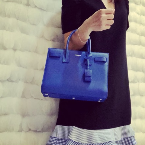 YSL SAC DEJOUR 藍色金扣手提托特包 31*21*15 98新配件塵袋