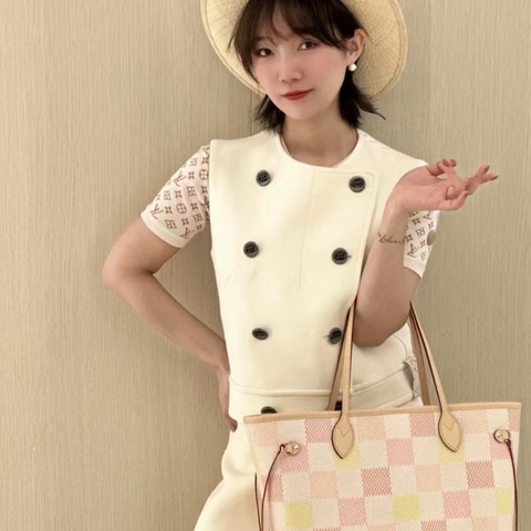 Lv新款彩棋盤格中號子母手提肩背包 32*28*15芯片款 99新配件塵袋吊牌購證