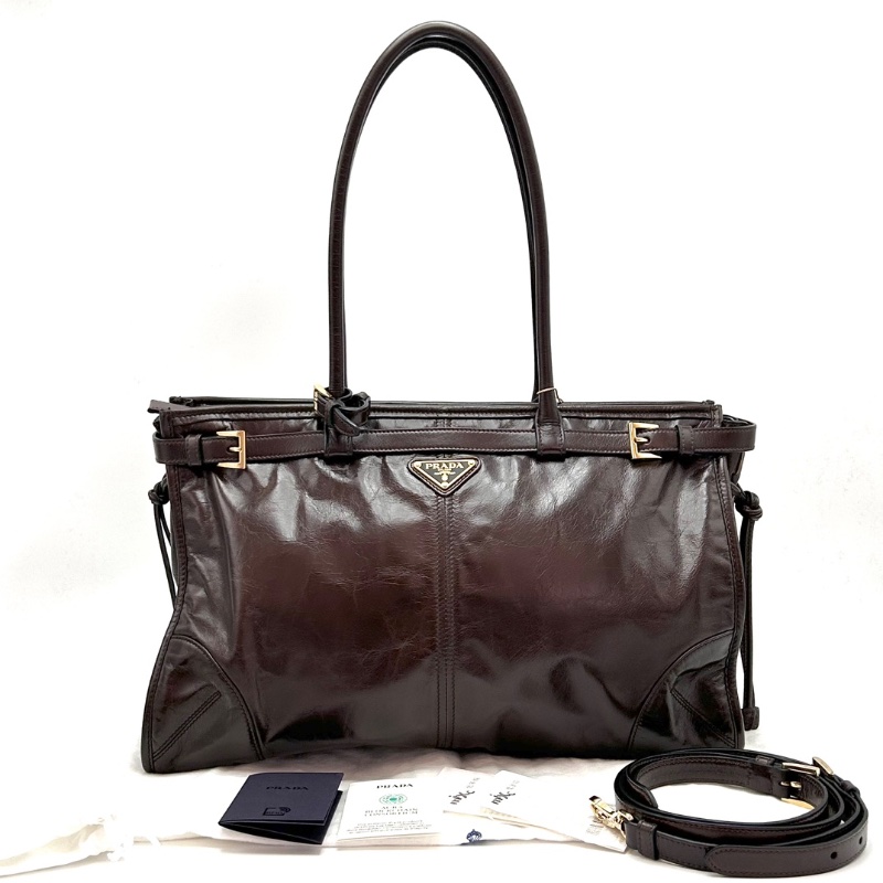 PRADA 深棕色Soft lux Bonnie大號手提肩背斜背包 38*24*12 99新配件塵袋購證-1