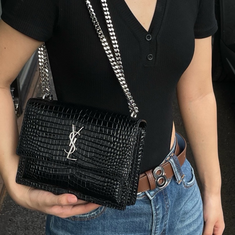 YSL黑銀鱷魚壓紋SUNSET日落肩背斜背鏈條包27*19*9 98新配件塵袋-0