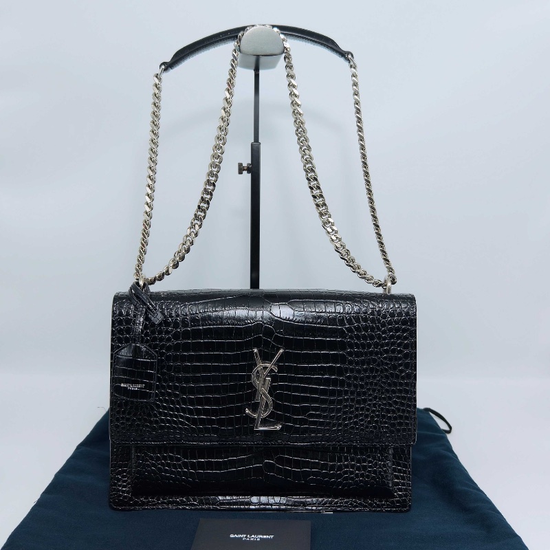 YSL黑銀鱷魚壓紋SUNSET日落肩背斜背鏈條包27*19*9 98新配件塵袋-1