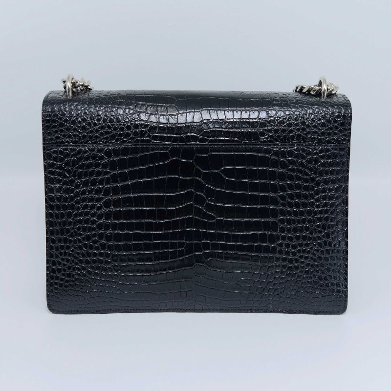 YSL黑銀鱷魚壓紋SUNSET日落肩背斜背鏈條包27*19*9 98新配件塵袋-6