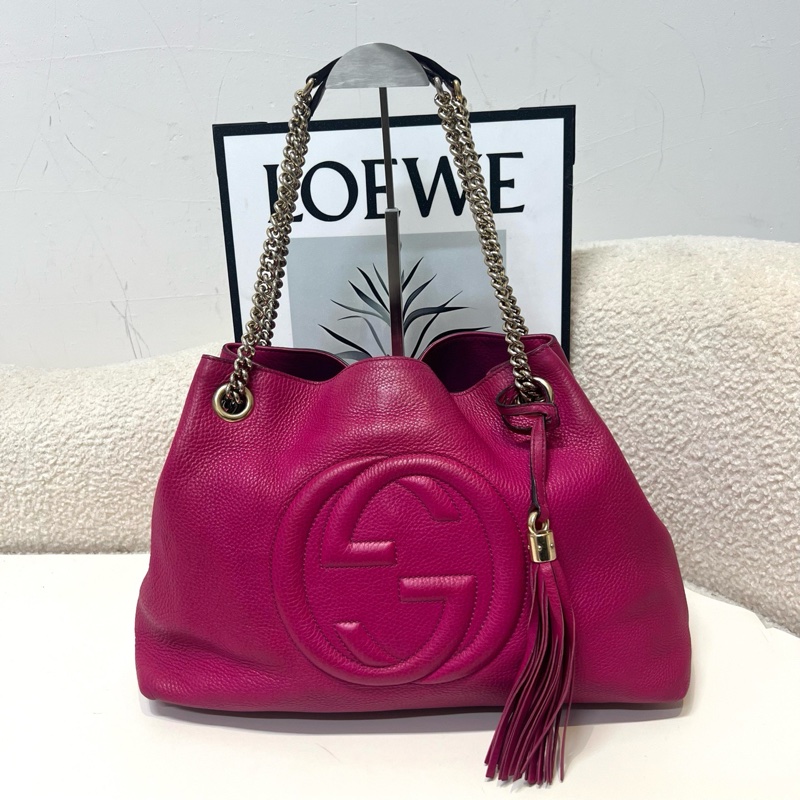 Gucci/古馳 黃色Soho流蘇包 鏈條包身配流蘇裝飾 手提包 單肩包 大容量 內里乾淨整潔 底長:37-0