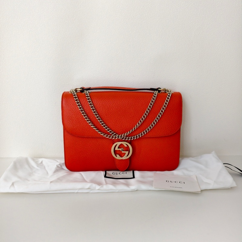 古馳/Gucci  橘色單肩斜挎翻蓋包 牛皮 尺寸:  長 28 x 寬 7.5 x 高 18.7-0