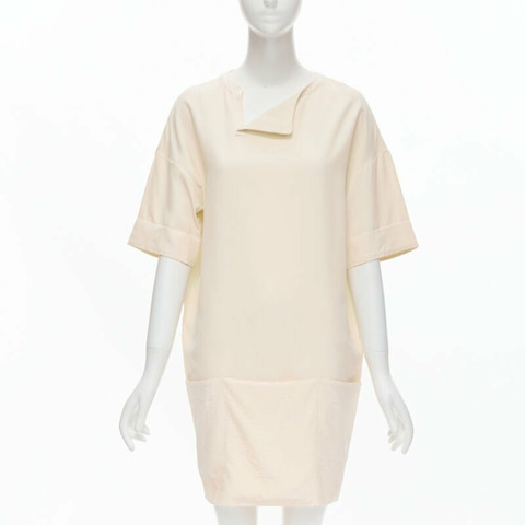 THE ROW ivory cream triple pocket asymmetric collar boxy silk dress US0 XS