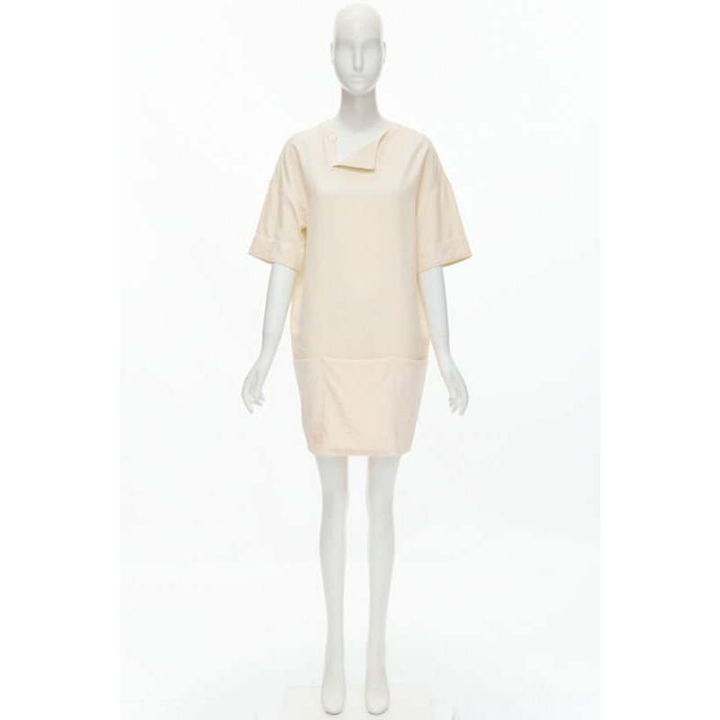 THE ROW ivory cream triple pocket asymmetric collar boxy silk dress US0 XS-9