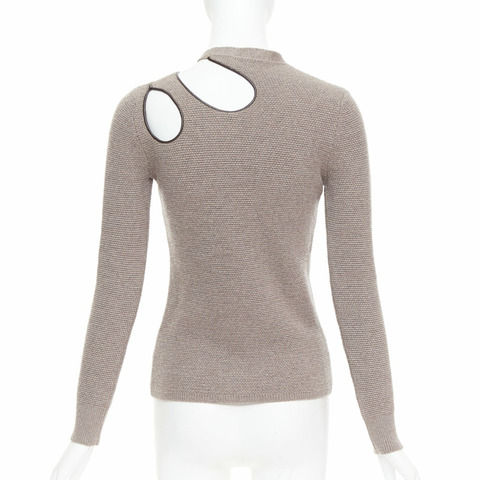 TOM FORD taupe fleece wool blend cut out leather collar sweater S