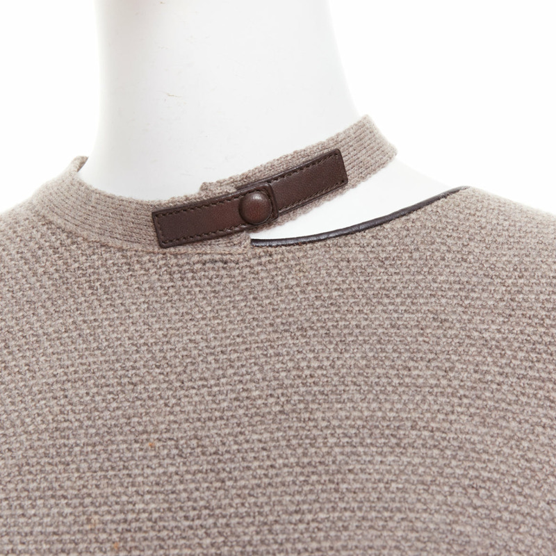 TOM FORD taupe fleece wool blend cut out leather collar sweater S-1