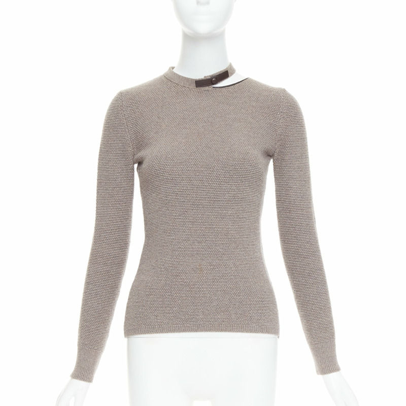 TOM FORD taupe fleece wool blend cut out leather collar sweater S-2