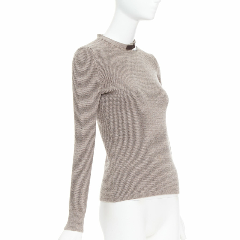 TOM FORD taupe fleece wool blend cut out leather collar sweater S-3