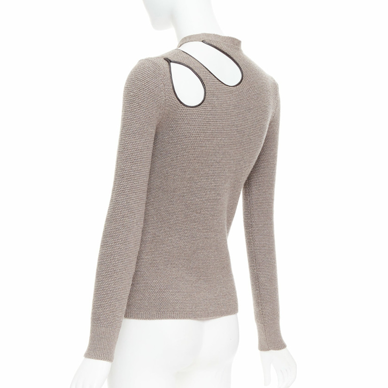 TOM FORD taupe fleece wool blend cut out leather collar sweater S-5