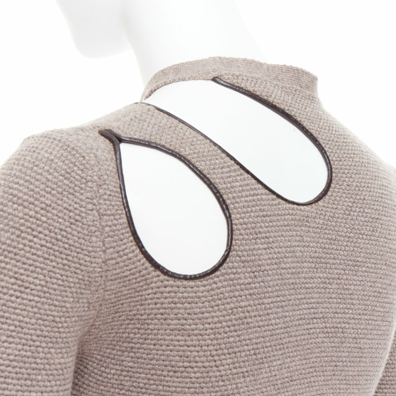TOM FORD taupe fleece wool blend cut out leather collar sweater S-6