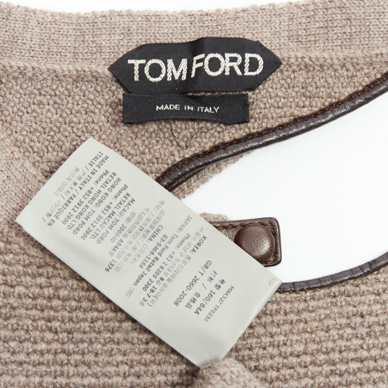 TOM FORD taupe fleece wool blend cut out leather collar sweater S-7