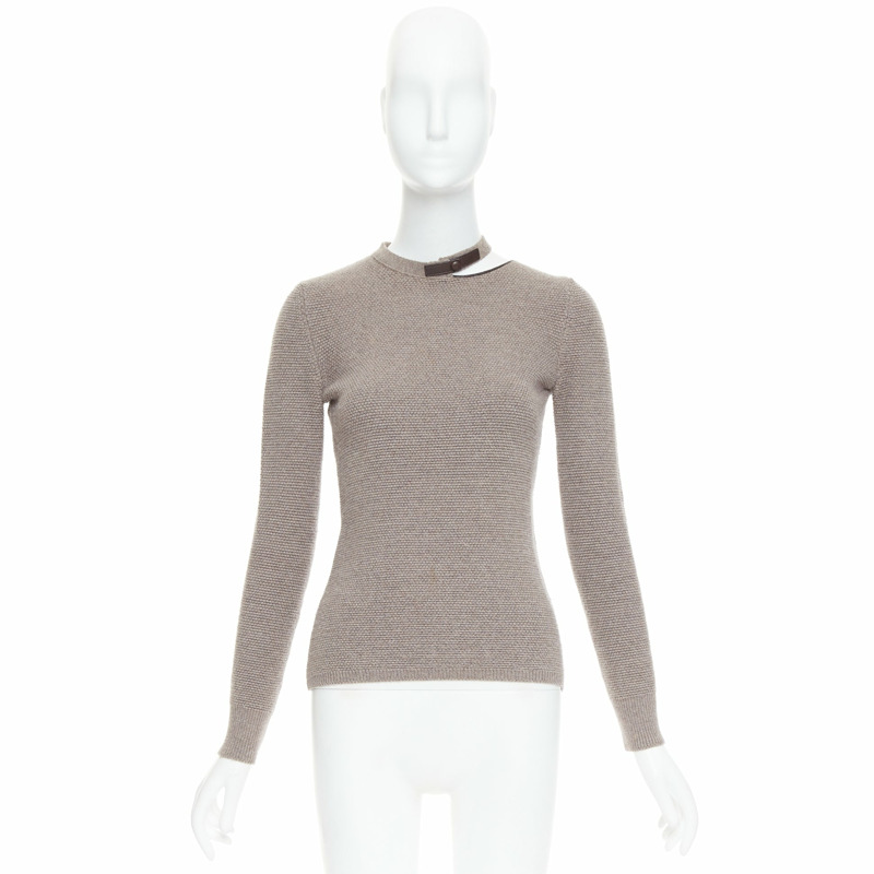 TOM FORD taupe fleece wool blend cut out leather collar sweater S-8