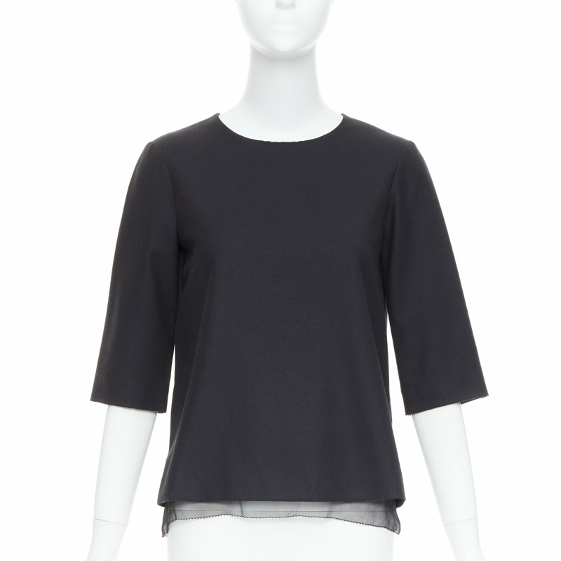 THE ROW black virgin wool silk sheer layer crew neck boxy top US0 XS-0