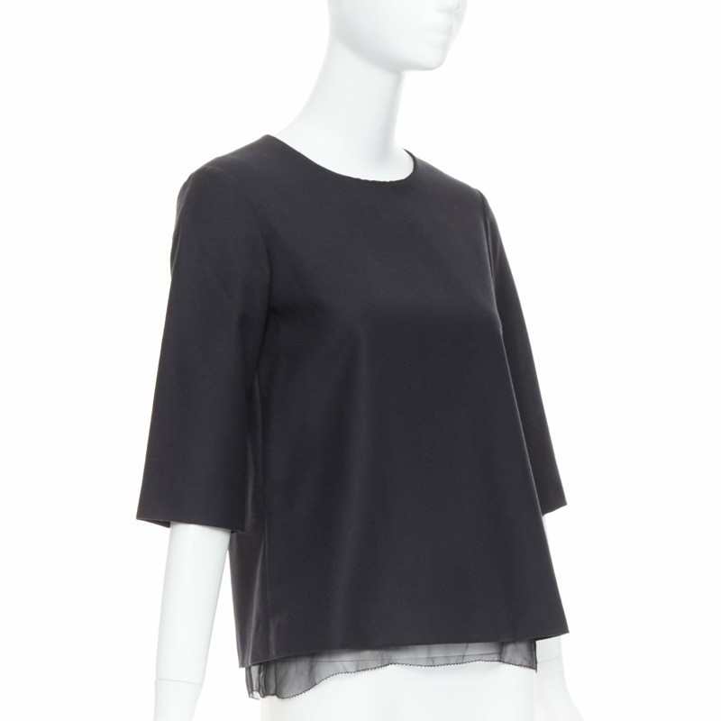 THE ROW black virgin wool silk sheer layer crew neck boxy top US0 XS-2