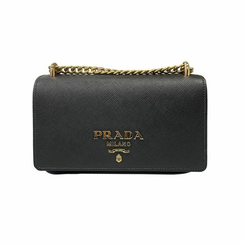 PRADA 25FW 金色 Logo Tessuto Saffiano 鏈條包 黑色 1BD144 ZMY F0632