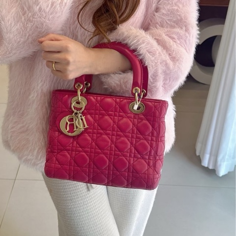 DIOR玫紅色五格黛妃手提肩背包24*20.5*12 98新配件塵袋