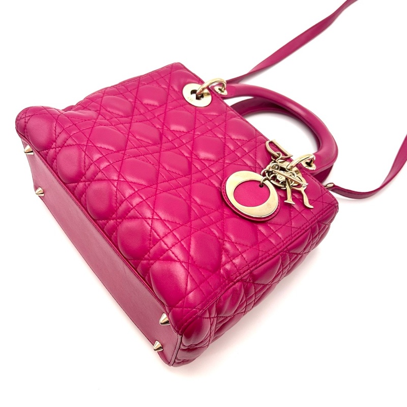 DIOR玫紅色五格黛妃手提肩背包24*20.5*12 98新配件塵袋-5