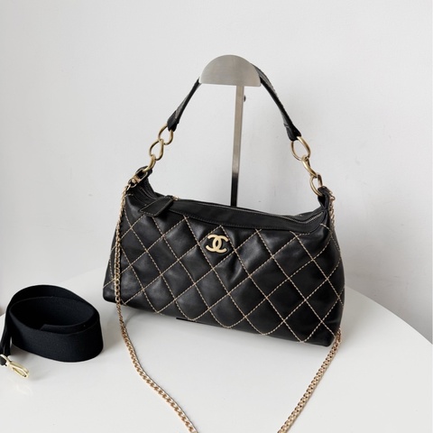 Chanel香奈兒黑金外縫線腋下包飯盒包手提包