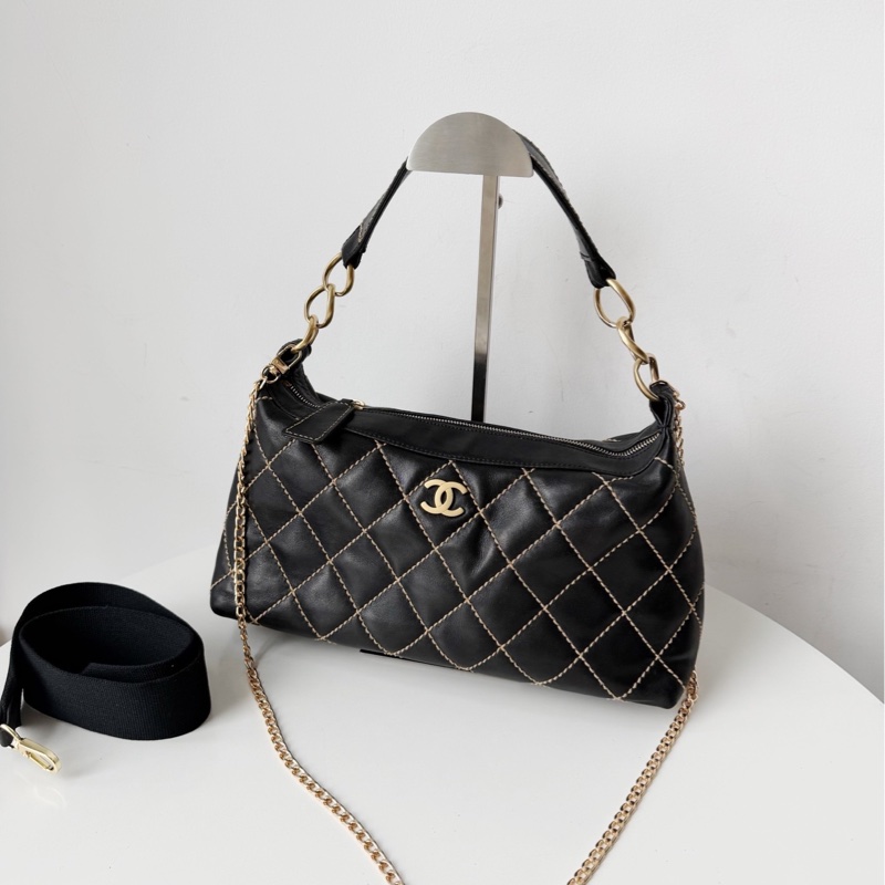 Chanel香奈兒黑金外縫線腋下包飯盒包手提包-0