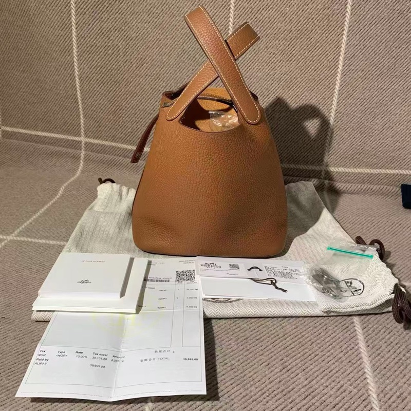 Hermes愛馬仕水桶18金棕色k刻銀扣，配件塵袋發票鎖鑰匙-0