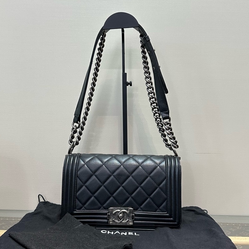 CHANEL 黑銀Leboy中號肩背斜背鏈條包25*15*9 98新配件塵袋-1