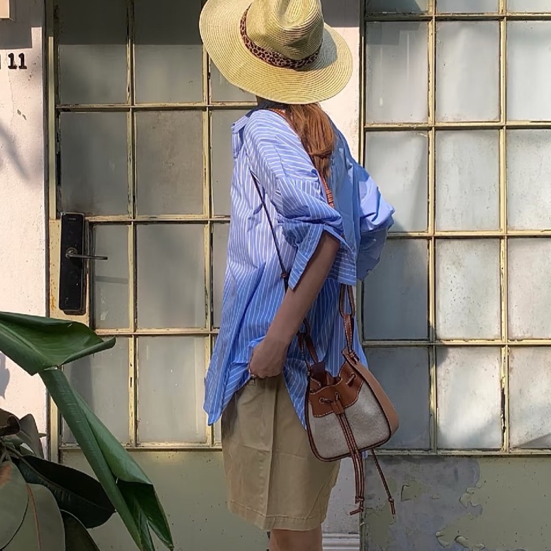 LOEWE 焦糖色拼帆布mini肩背斜背吊床包18*18*11 98新配件塵袋-0