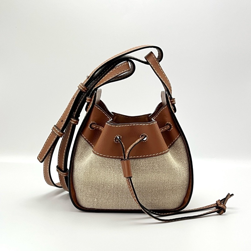 LOEWE 焦糖色拼帆布mini肩背斜背吊床包18*18*11 98新配件塵袋-6