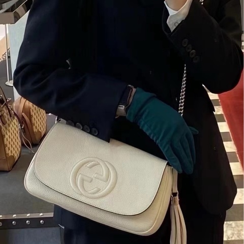 GUCCI 雙Gsoho系列白色金扣流蘇肩背斜背鏈條包 27*16*5 98新配件塵袋